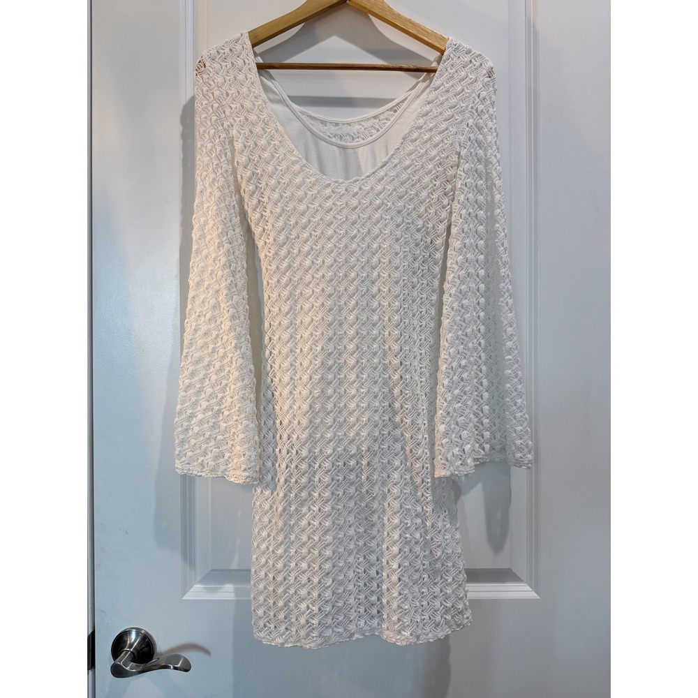 Esley White Crochet Lace Mini Dress Bell Sleeve Boho Scoop Neck Size S